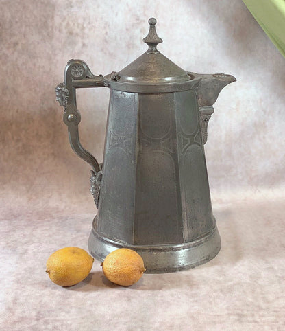 XL Vintage Glass Pitcher with Pewter Detailing. Antique Hand Blown Large 18" German Wine or Water Jug. Vintage Gifts.