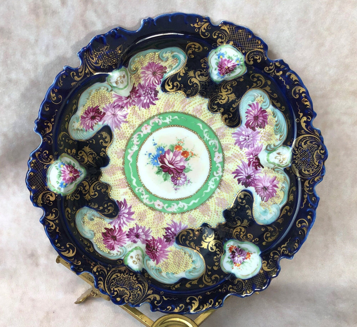 Antique Bowl with Stand - Intricate Hand Decorated Dish with 22K Gold