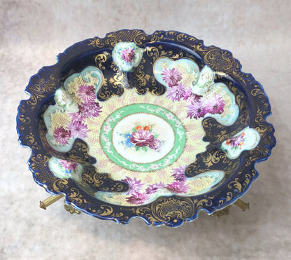 Antique Bowl with Stand - Intricate Hand Decorated Dish with 22K Gold