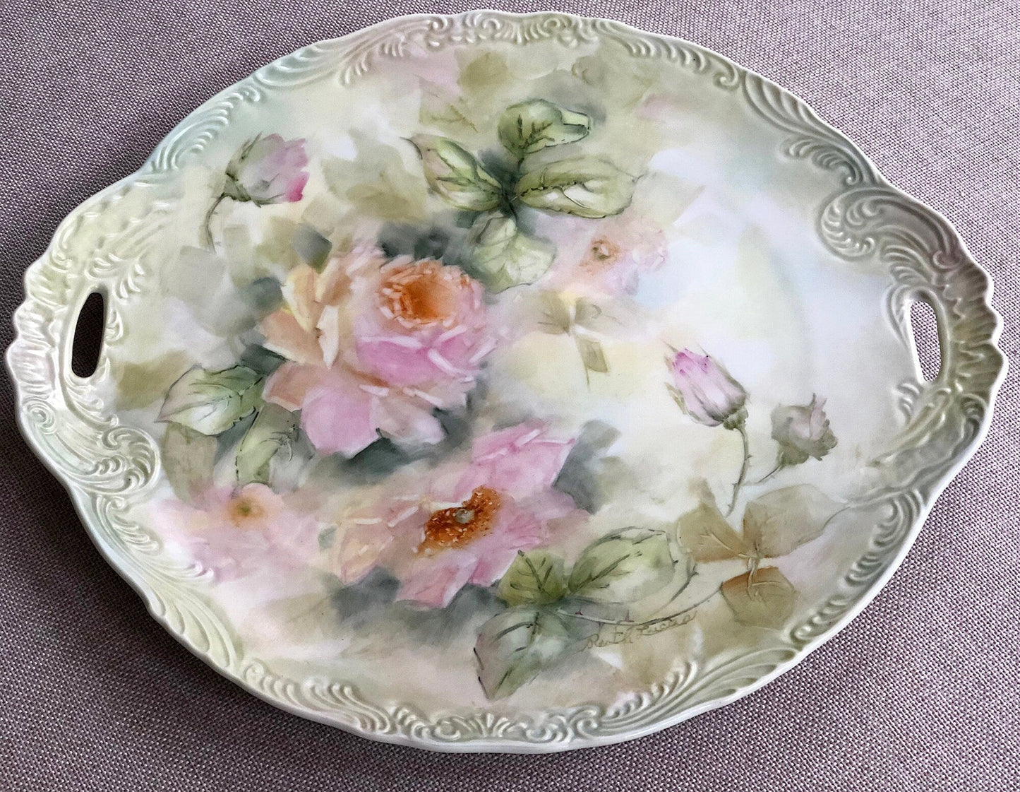 Antique Hand Painted Serving Plate with Gold Lattice. Porcelain Platter with Wild Flowers Motif.