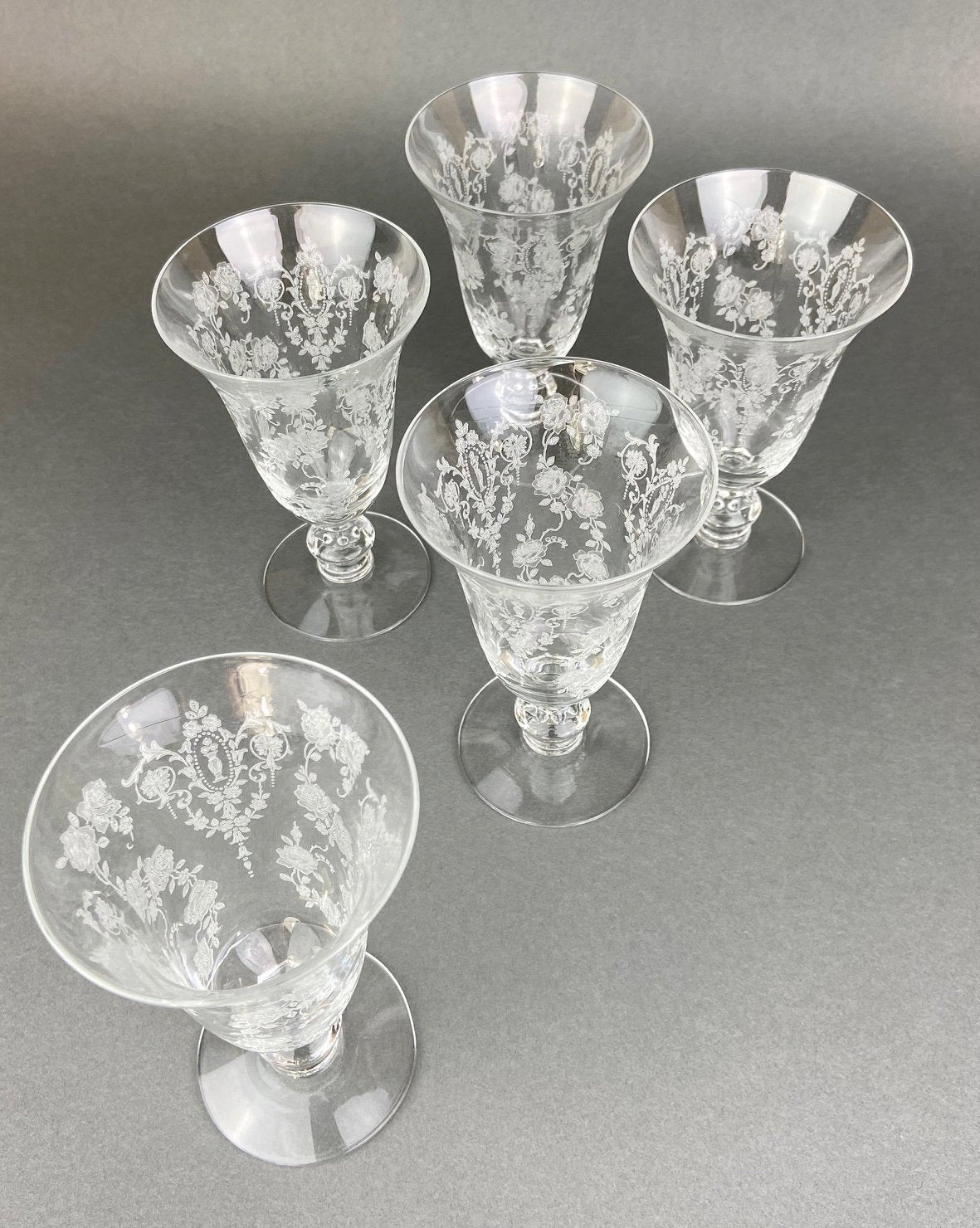 Antique Tiffin Franciscan Juice Glasses, Etched Cherokee Rose Pattern, Set of 5
