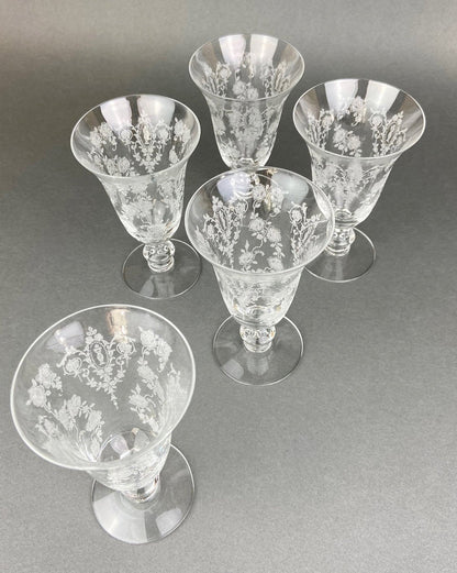 Antique Tiffin Franciscan Juice Glasses, Etched Cherokee Rose Pattern, Set of 5