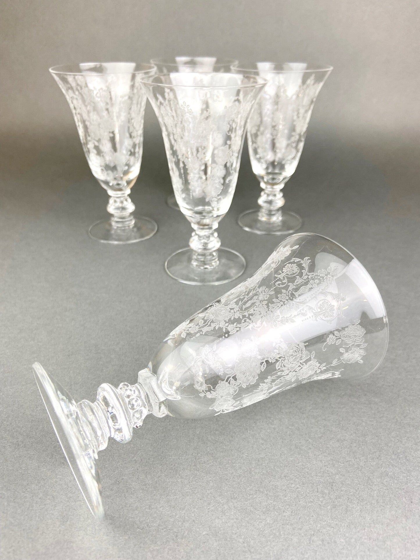 Antique Tiffin Franciscan Juice Glasses, Etched Cherokee Rose Pattern, Set of 5