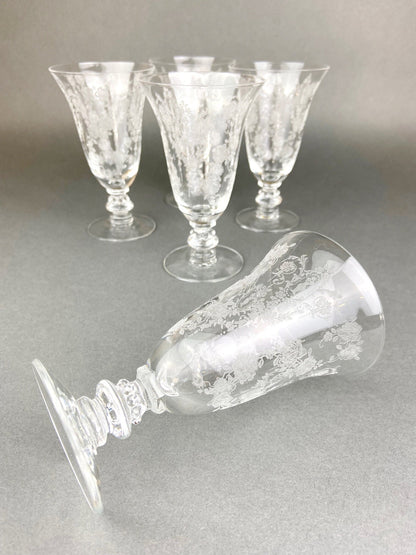Antique Tiffin Franciscan Juice Glasses, Etched Cherokee Rose Pattern, Set of 5