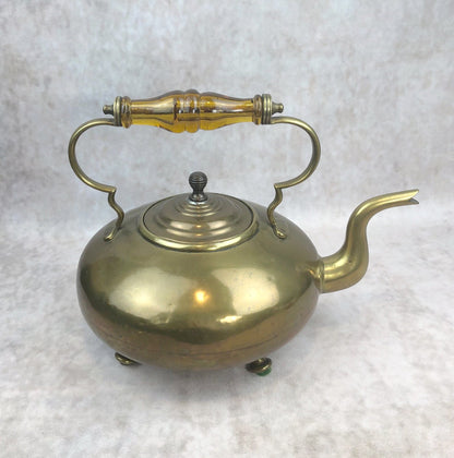 Antique Brass Kettle with Yellow Glass Handle, Footed Teapot, Home Decor