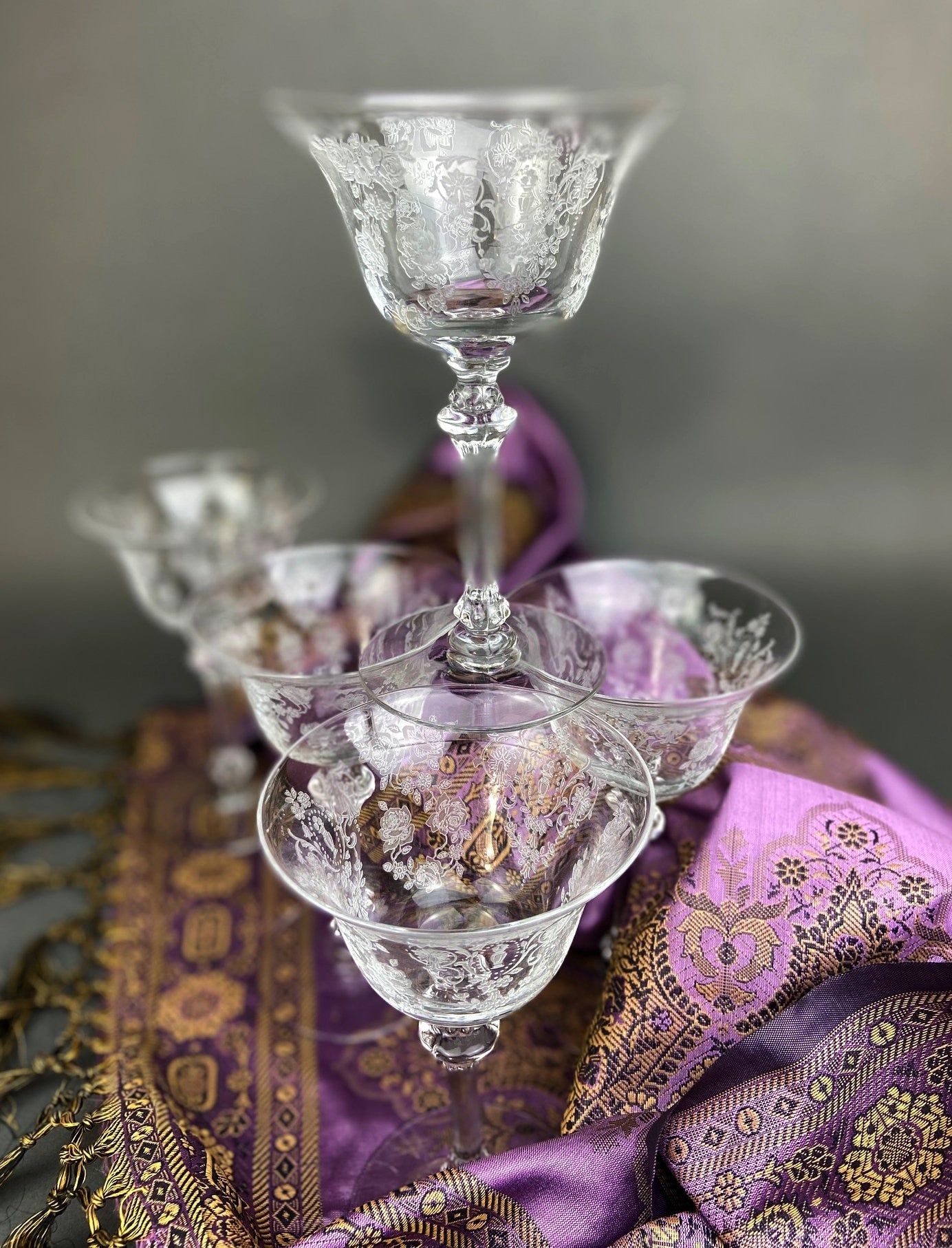Vintage Tiffin Franciscan Champagne Stemware. Cherokee Rose Motif. Set of 8 Stunning Etched Champagne Glasses. Fine Dining. Fancy Barware.
