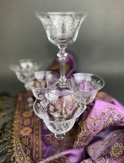 Vintage Tiffin Franciscan Champagne Stemware. Cherokee Rose Motif. Set of 8 Stunning Etched Champagne Glasses. Fine Dining. Fancy Barware.