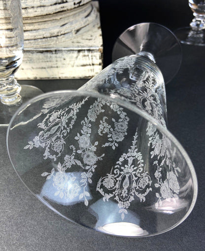 Etched Crystal Large Goblets. Set of 6 Oversized, Wine or Water Glassware. Persian Motif with Lotus. Collectible Stemware.