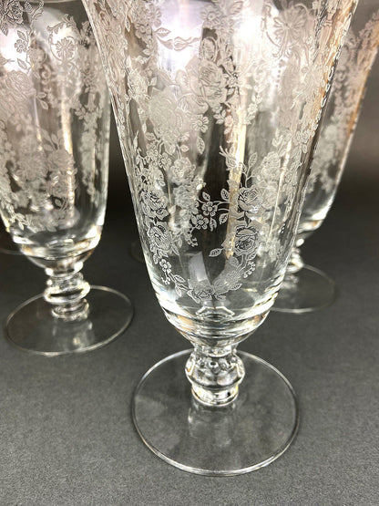 Etched Crystal Large Goblets. Set of 6 Oversized, Wine or Water Glassware. Persian Motif with Lotus. Collectible Stemware.