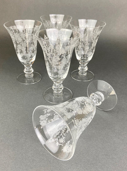 Antique Tiffin Franciscan Juice Glasses, Etched Cherokee Rose Pattern, Set of 5