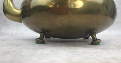 Antique Brass Kettle with Yellow Glass Handle, Footed Teapot, Home Decor