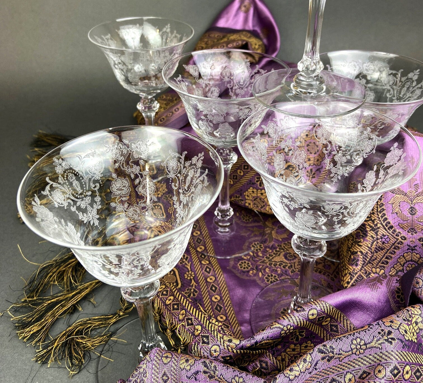 Antique Tiffin Franciscan Champagne Glasses in Cherokee Rose Pattern - Set of 6