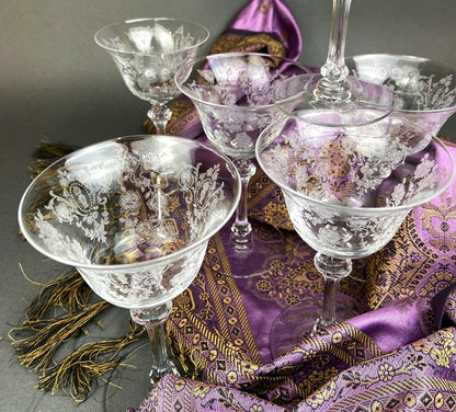 Antique Tiffin Franciscan Champagne Glasses in Cherokee Rose Pattern - Set of 6