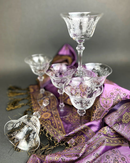 Vintage Tiffin Franciscan Champagne Stemware. Cherokee Rose Motif. Set of 8 Stunning Etched Champagne Glasses. Fine Dining. Fancy Barware.