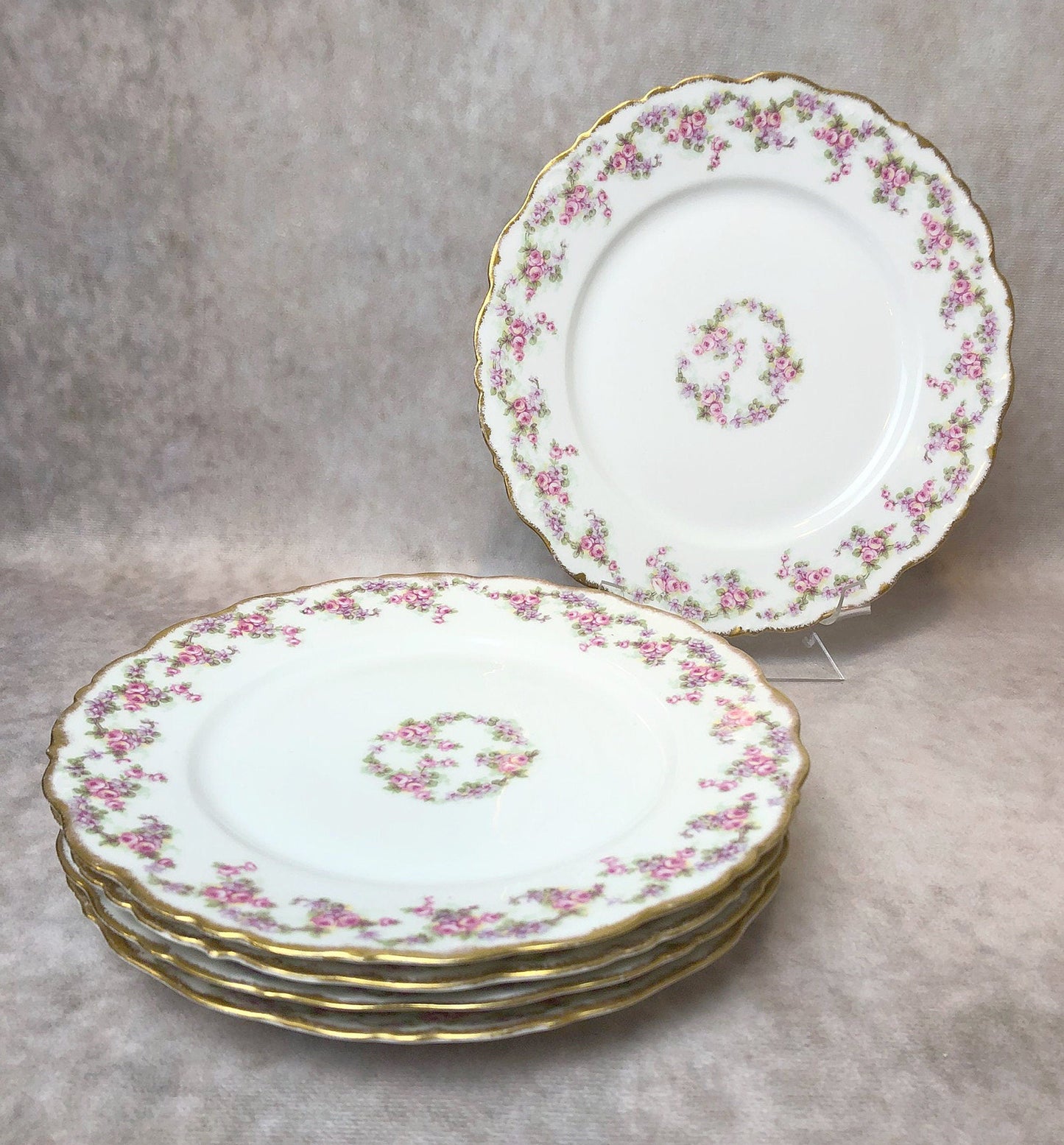 Limoges Elite Set of Five Bread, Salad, 8.75 inch Plates with Pink Roses and Scalloped Rim.  Antique Limoges Dishes.