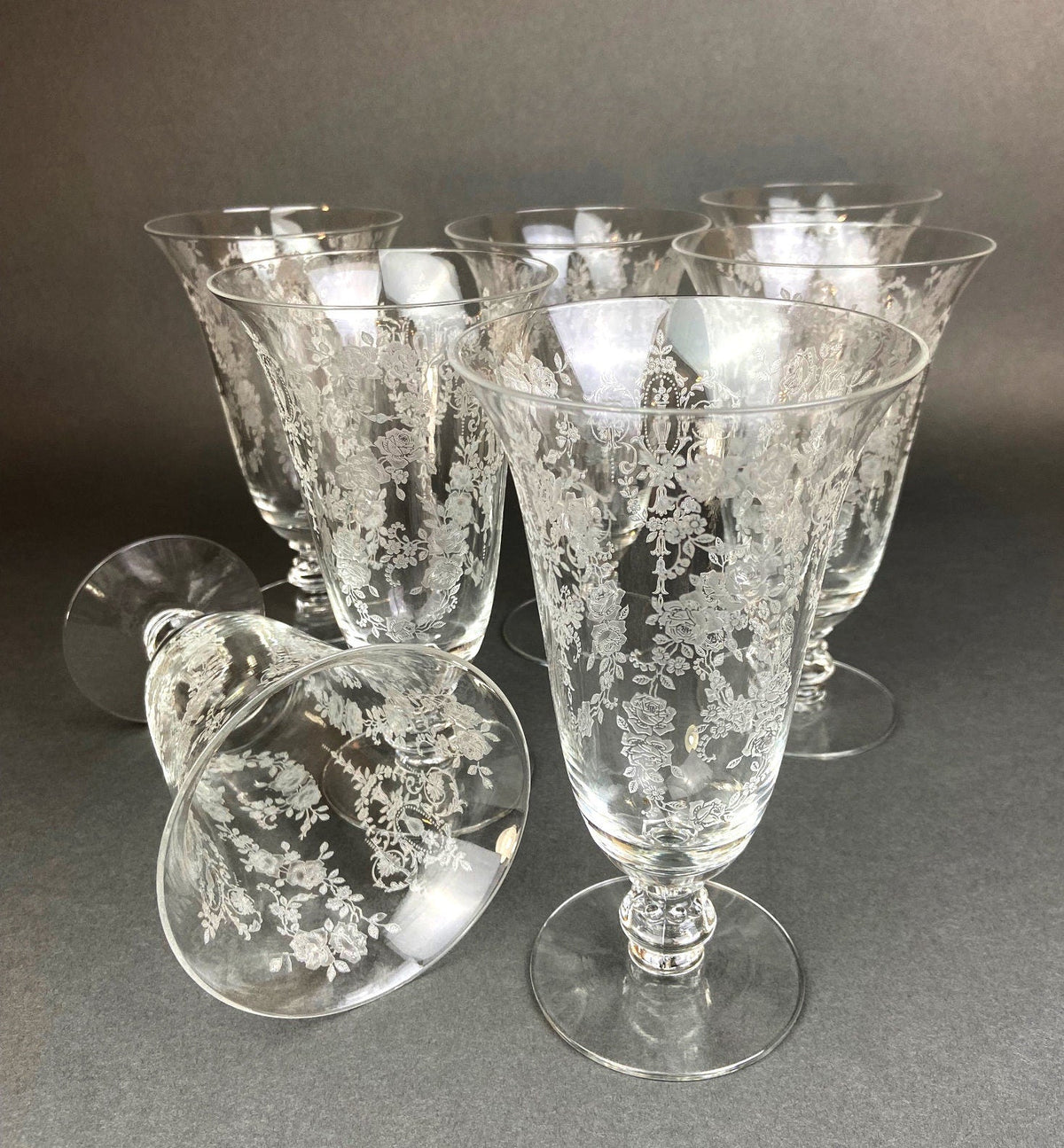Etched Crystal Large Goblets. Set of 6 Oversized, Wine or Water Glassware. Persian Motif with Lotus. Collectible Stemware.