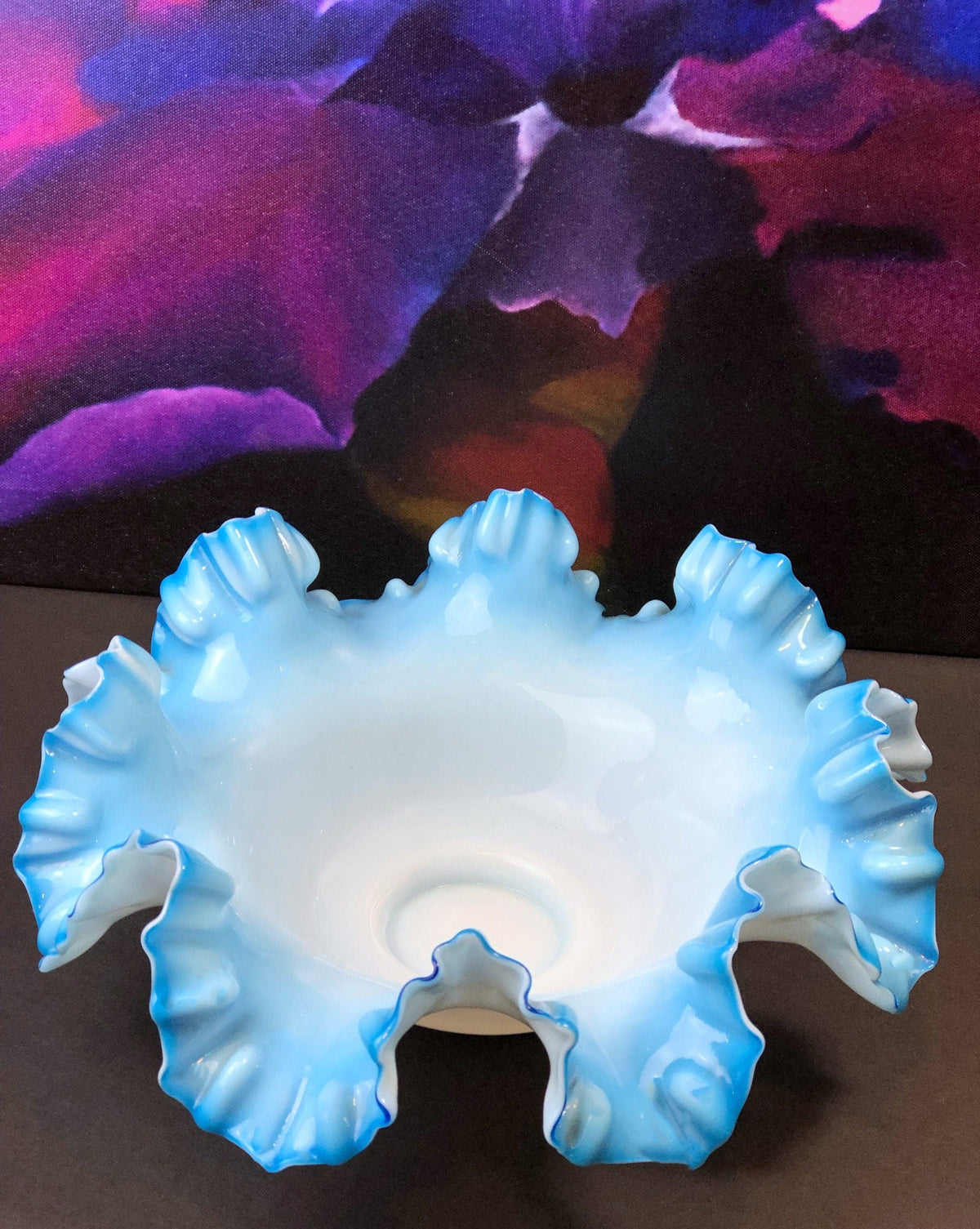 Large Vintage Fenton Blue Opalescent Glass Bowl, Ruffled Rim