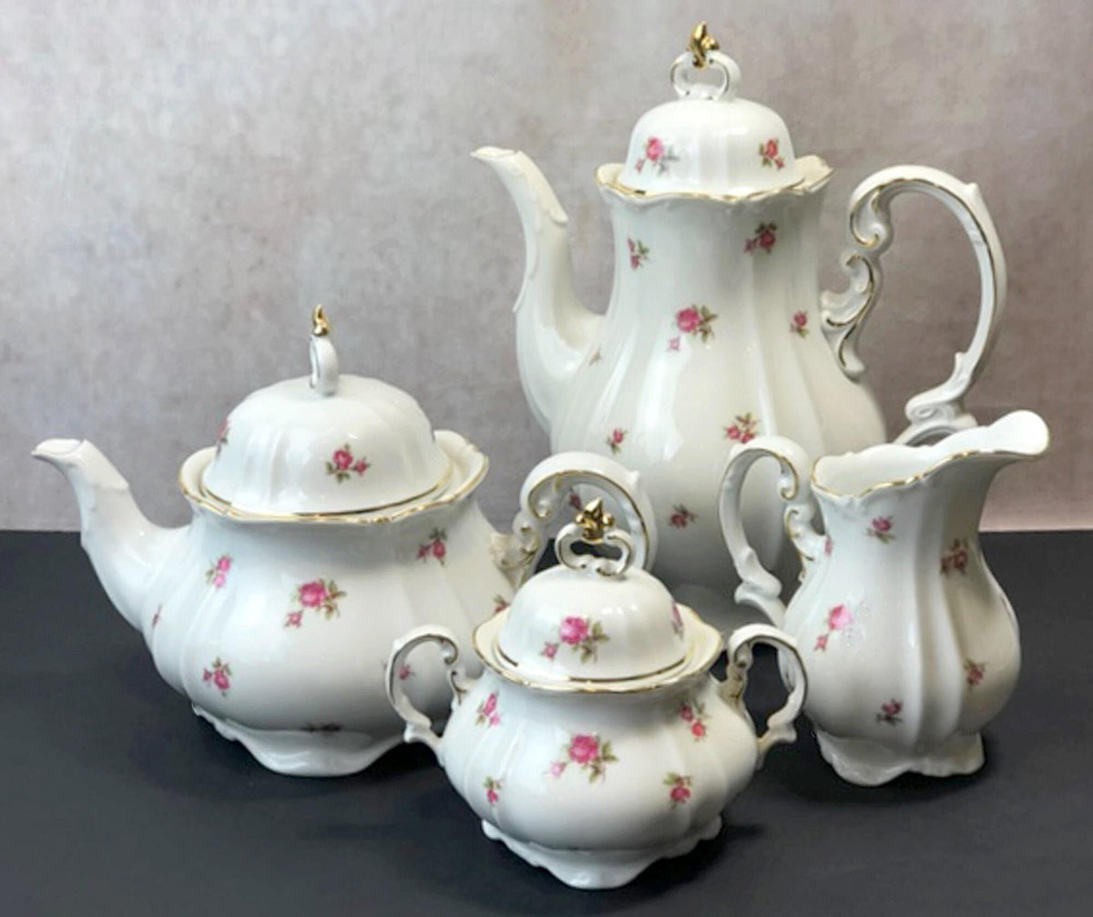 Antique Star Paragon Tea, Coffee, or Chocolate Set. Tray with Matching 5 Cups & Saucers. Delicate Fluting and Flowers. Dining Room Decor.