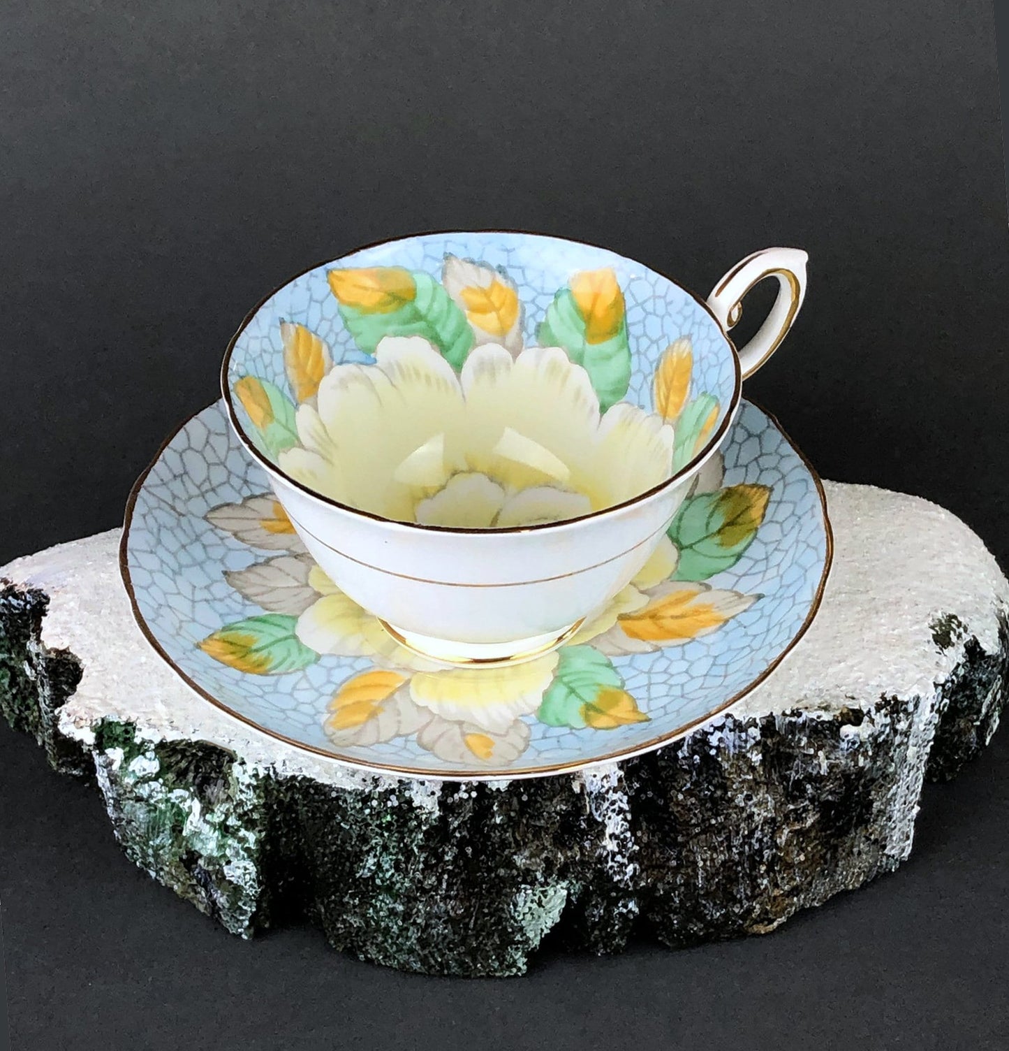 Vintage Tuscan Teacup and Saucer in Black, White and Gold Floral Pattern