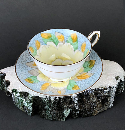 Vintage Tuscan Teacup and Saucer in Black, White and Gold Floral Pattern
