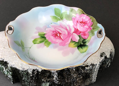 Antique Porcelain Berry Bowls in Blueberry Motif. Set of Two Small Serving Plates by Embassy Ware, Fondeville, England. Scalloped Rim.