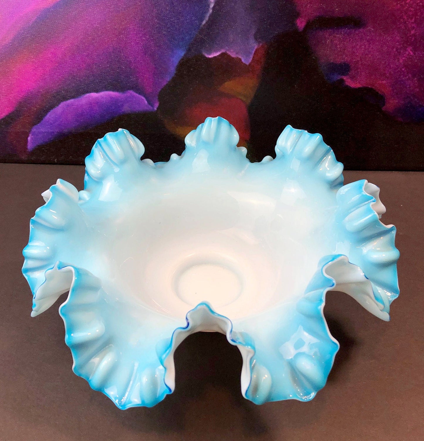 Large Vintage Fenton Blue Opalescent Glass Bowl, Ruffled Rim