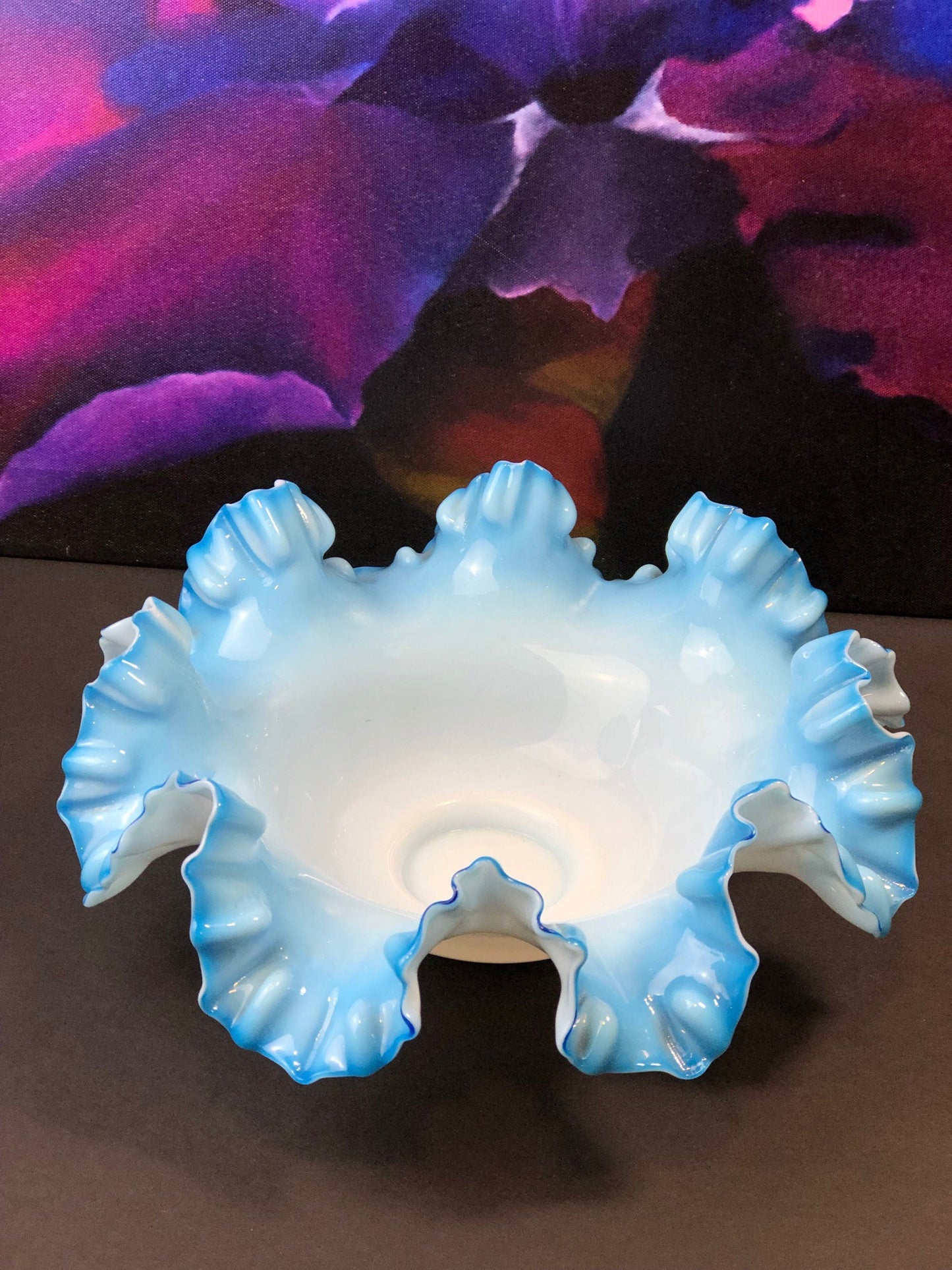 Large Vintage Fenton Blue Opalescent Glass Bowl, Ruffled Rim