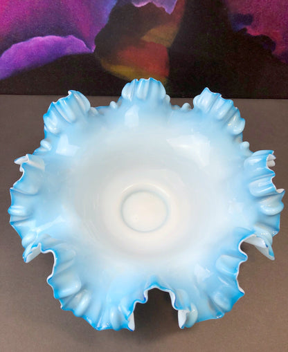 Large Vintage Fenton Blue Opalescent Glass Bowl, Ruffled Rim