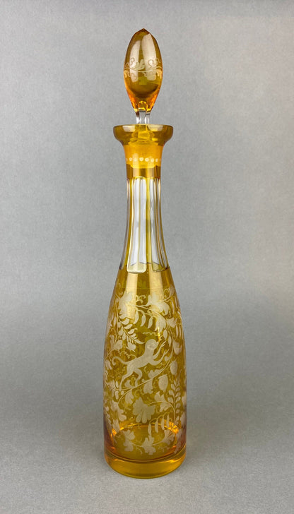 Vintage Brown Decanter with Drop Stopper, Hand Blown Glass, Fleur de Lis