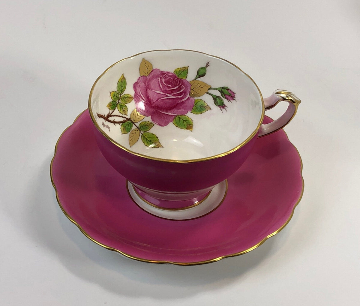 Vintage Cup and Saucer by Staffordshire, England. Hand Painted Tea Set Signed by Artist.