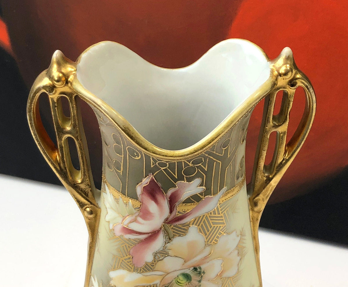 Hand Painted Art Nouveau Nippon Vase, Antique Japanese Gold Floral Urn