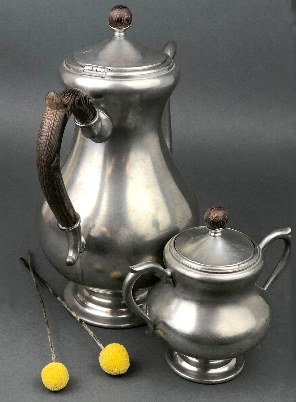 Vintage Royal Holland Pewter Tea & Sugar Set: Wooden Handle KMD Tiel