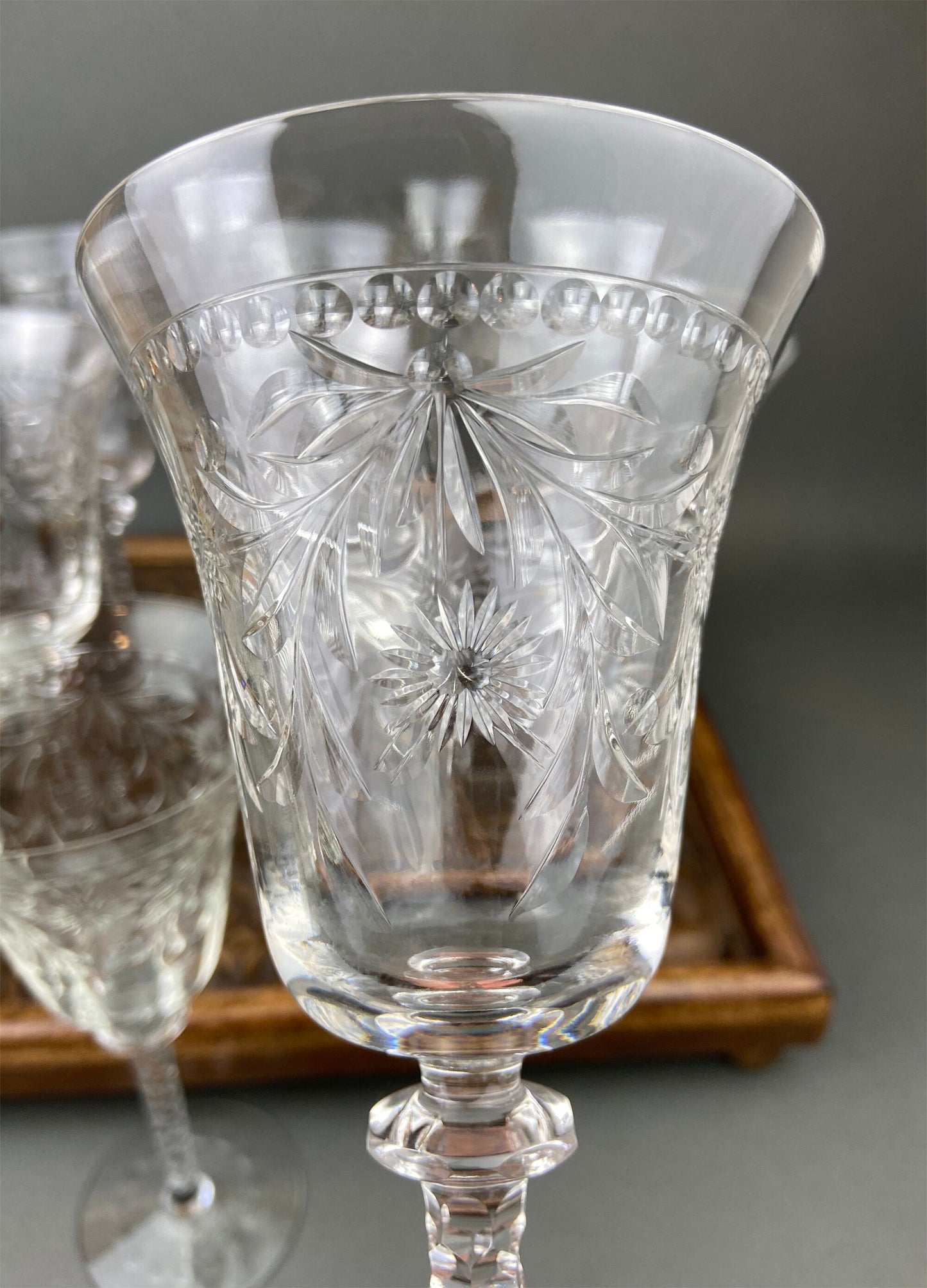 Vintage Champagne Tall Sherbets by Newton Crystal Co. 3365-3. Blown Glass. Swirl Optic & Cut Floral Motif. Set of 4 Glasses. Wedding Gift.