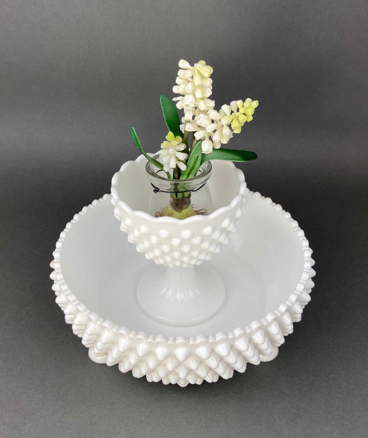 Vintage Milk Glass Footed Candy Bowl, Grape Motif, Ruffled Rim