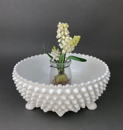 Vintage Milk Glass Footed Candy Bowl, Grape Motif, Ruffled Rim