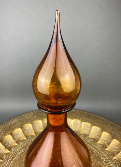 Vintage Brown Decanter with Drop Stopper, Hand Blown Glass, Fleur de Lis
