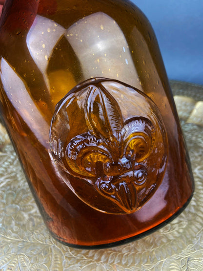 Vintage Brown Decanter with Drop Stopper, Hand Blown Glass, Fleur de Lis