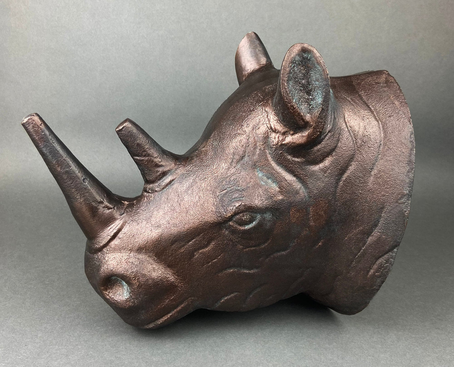 Distressed Bronze Rhino Head Wall Hanging, Safari Decor