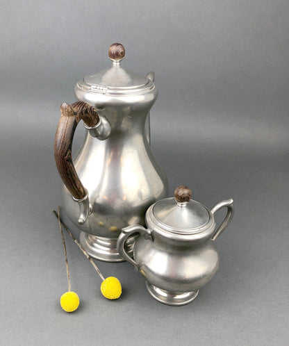Vintage Royal Holland Pewter Tea & Sugar Set: Wooden Handle KMD Tiel