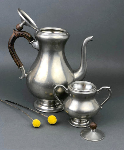 Vintage Royal Holland Pewter Tea & Sugar Set: Wooden Handle KMD Tiel