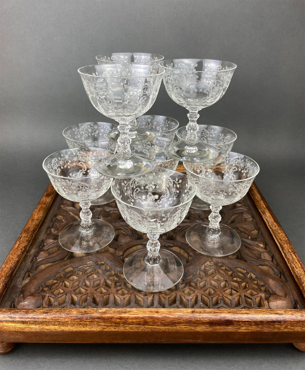 Fostoria Low Sherbet Glasses.  Etched Meadow Rose Motif.  Set of Ten Vintage Wine or Dessert Glasses.