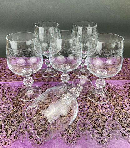 Vintage Bohemian Crystal Goblets, Queen's Lace Etched Stemware, Set of 6