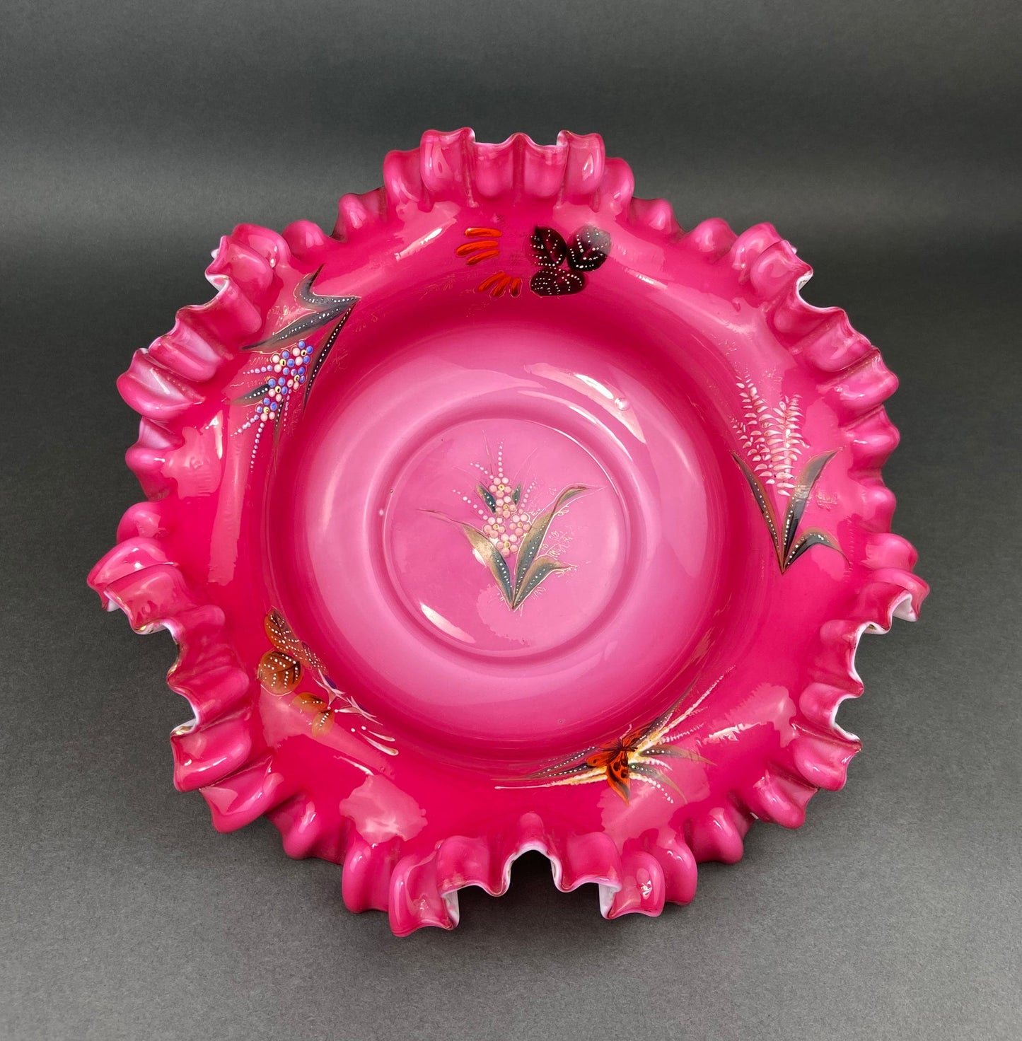 Stunning Antique Hand Painted Porcelain Bowl. Centerpiece Dish with Scalloped Edges. Gold Framework & Flowers. Dining Room Decor.