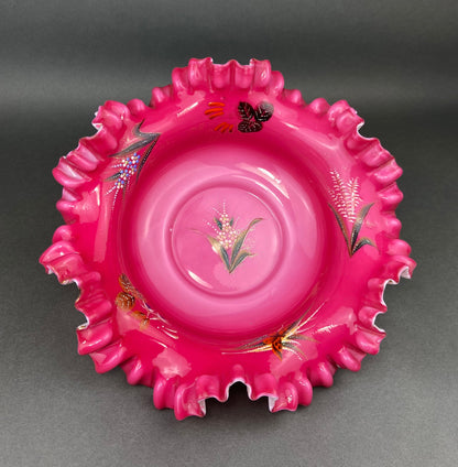 Stunning Antique Hand Painted Porcelain Bowl. Centerpiece Dish with Scalloped Edges. Gold Framework & Flowers. Dining Room Decor.