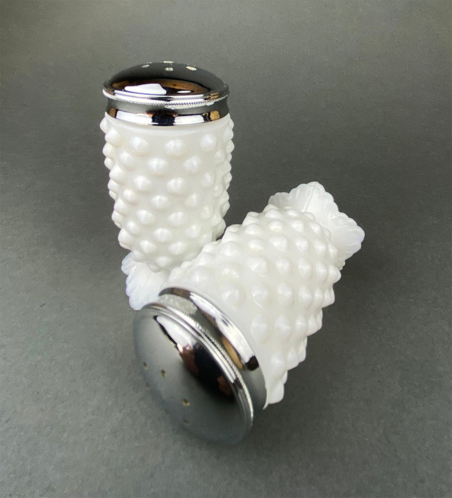 Milk Glass Salt and Pepper Shakers in Grape Vine Motif