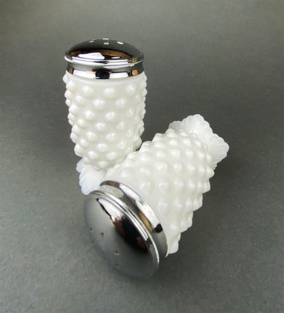 Milk Glass Salt and Pepper Shakers in Grape Vine Motif