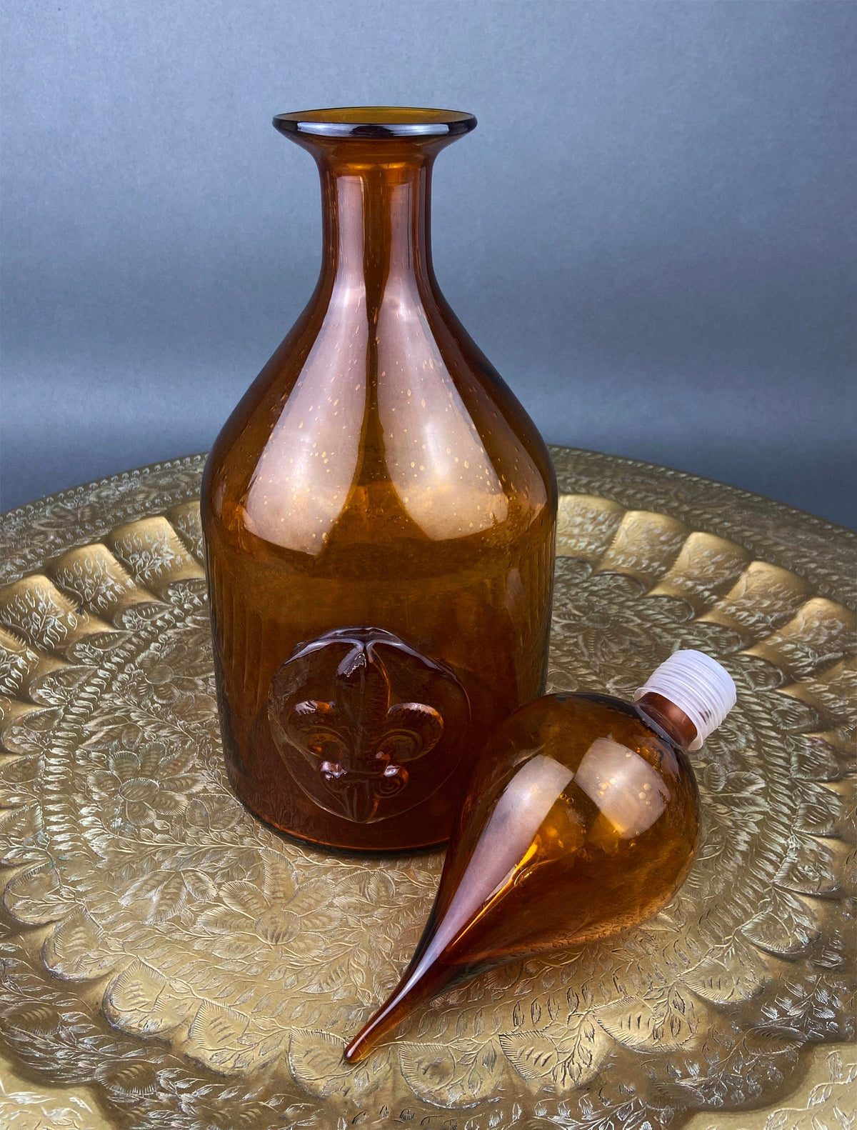 Vintage Brown Decanter with Drop Stopper, Hand Blown Glass, Fleur de Lis
