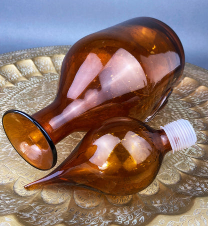 Vintage Brown Decanter with Drop Stopper, Hand Blown Glass, Fleur de Lis