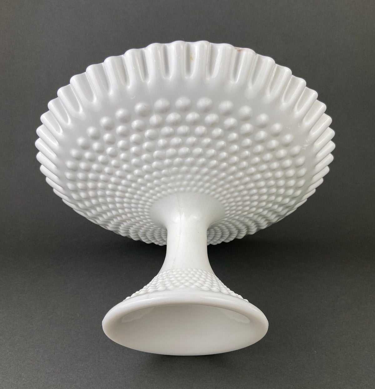 Milk Glass Hobnail Footed Bowl, Ruffled Edge Serving Dish