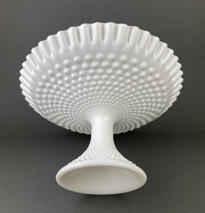 Milk Glass Hobnail Footed Bowl, Ruffled Edge Serving Dish
